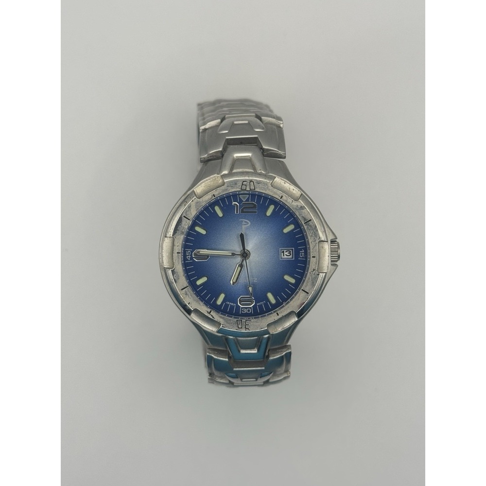 Men's Quartz Watch Blue Dial Date Silver Tone Bracelet Japan Movt Untested